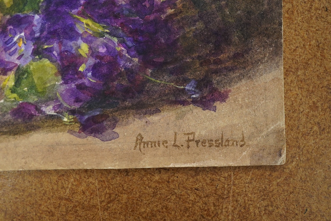 Annie L Pressland, Set of four original watercolours for postcard designs, to include Chrysanthemums and Violets, Lilac and Scarlet Anenomes, each signed, watercolours on card, unframed, largest 19 x 27cm